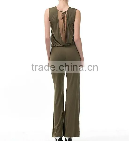 Jumpsuit Fashion New Design Super Soft Summer Full Length Trouser Wide Leg Olive Open Back Romper Jumpsuit Women 2017 Sleeveless photo-4
