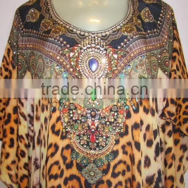 ANIMAL Print Crystal Embellished Caftan Crepe KAFTAN Tunic Poncho Blouse photo-2
