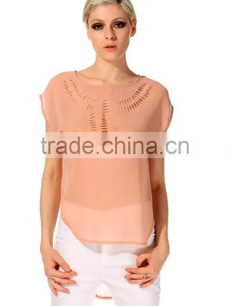 2015 Stylish Lady Women's Casual Front Hollow Out O-neck Batwing Sleeve Chiffon Blouse EU000031 photo-4