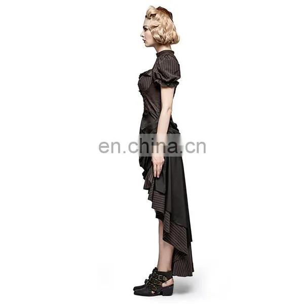 Steampunk Punk Rave Black Brown Short Puffed Sleeves High-low Long Dress Q-315 photo-3