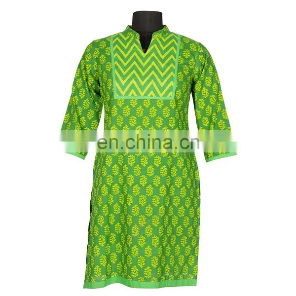 GREEN PRINTED WITH YOKE NEHRU COLLAR FRONT PLEATS 100% COTTON INDIAN STYLE photo-2