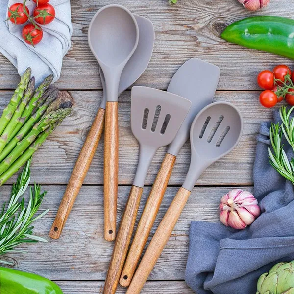 Kitchen Accessories Home and Kitchen Cookware Sets Non Stick Silicone Kitchen Utensils Set With Wood Handle photo-4