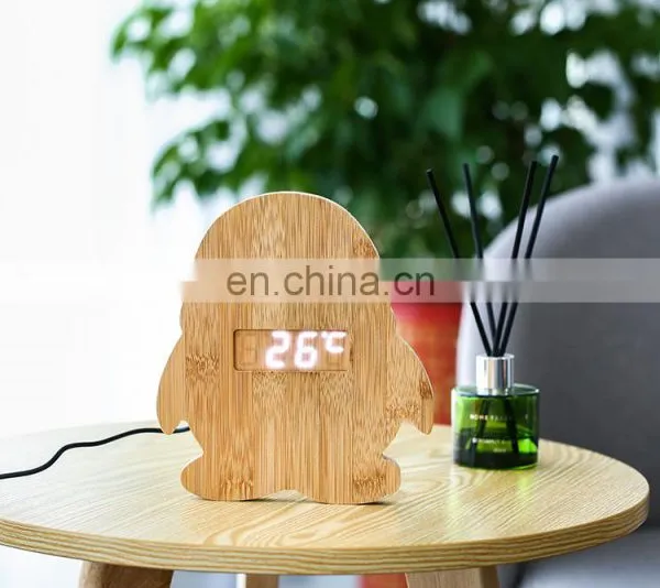 Eco Friendly Animal Penguin Shape Table Top Bamboo Electronic LCD Digital Alarm Clock photo-3