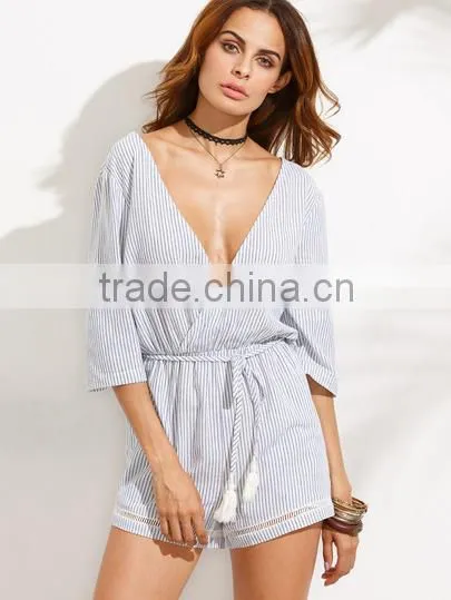 Bodysuits Latest Fashion Design Women Clothing Grey Striped Tassel Tie Waist Surplice Jumpsuit