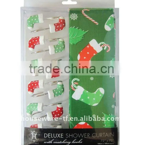 Christmas Stocking Pattern Shower Curtain With Resin Hooks