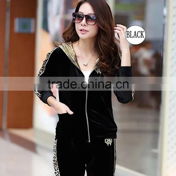 ZIPPER YOGA RUNNING Sweat BLACK Sport Suit , Women Leopard Print Velvet Sport Tracksuit Wholesale photo-2