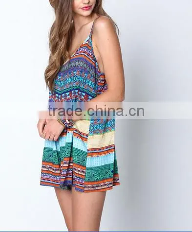 Spaghetti Strap U-neck Indie Festival Print Romper Sexy Casual Jumpsuit photo-2