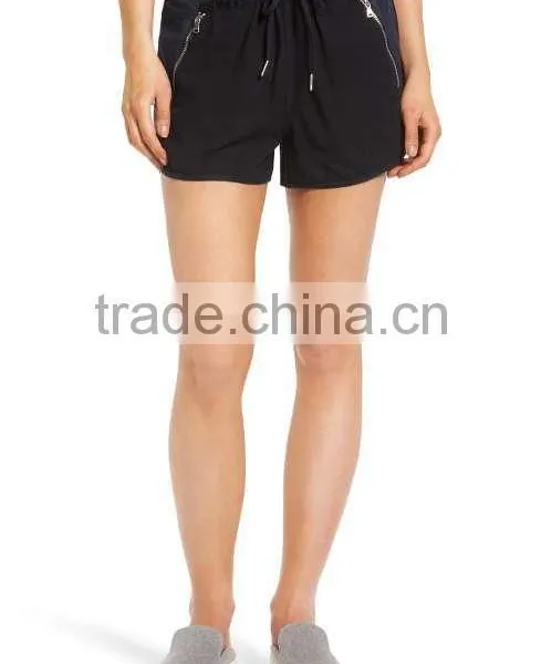 MGOO Hot Sale Women's Drawstring Linen Blend Jogging Pants Black Sport Shorts With Zipper Pockets photo-3