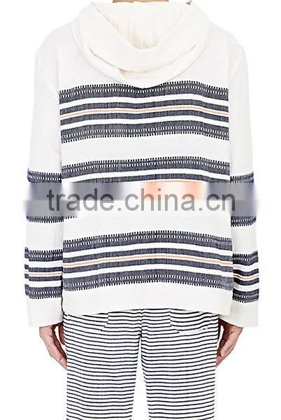 V-neck Side On-seam Pockets Pullover Navy and Orange Mixed-stripe Cotton-blend Hoodies photo-2
