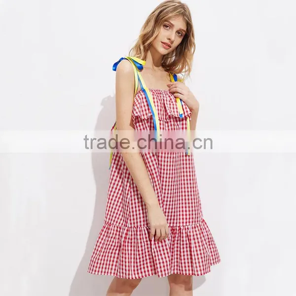 Cute Ruffled Hem Self Tie Dress, Ladies Red Cotton Sleeveless Dress photo-3