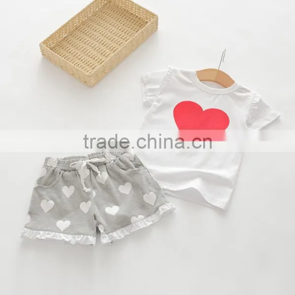 Summer Cotton Heart Printing T-shirts and Shorts Girls Clothing Sets photo-4