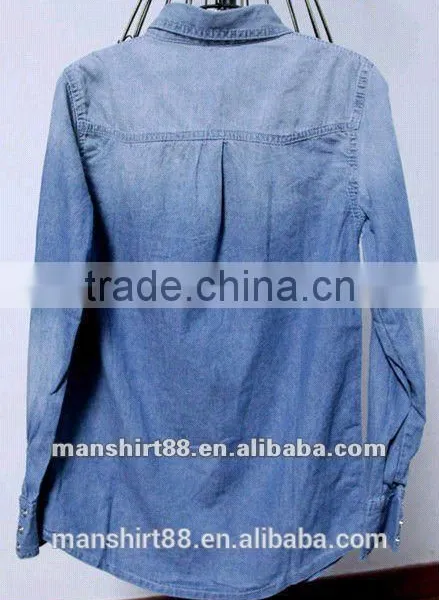 100% Cotton Washed Women's Top Blouses Denim Shirts With 2 Pockets and Snap Buttons photo-2