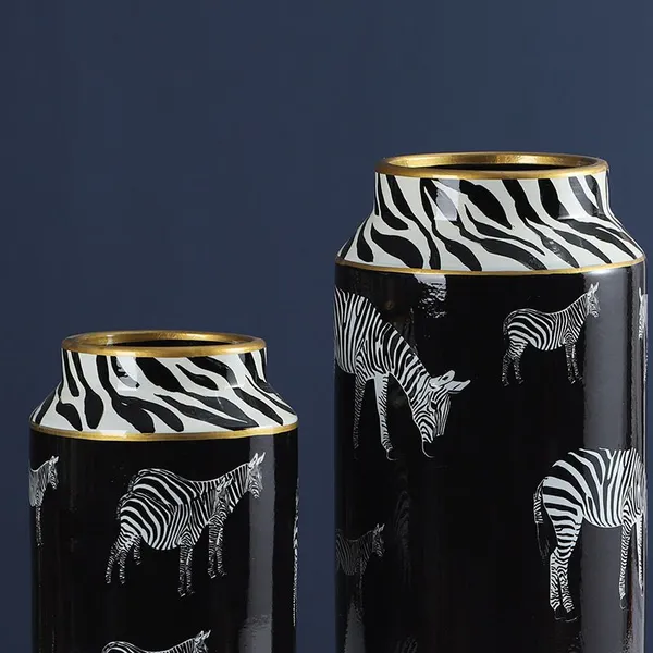 Nordic Style Entry Luxury Black Zebra Painting Cylinder Ceramic Flower Storage Vases With Lid For Home Decoration photo-4