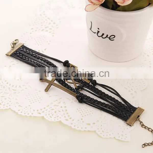 2015 China Handmake Antique Vintage Gold Cross Best Friend Infinity Charm Braided Leather Bracelet photo-2