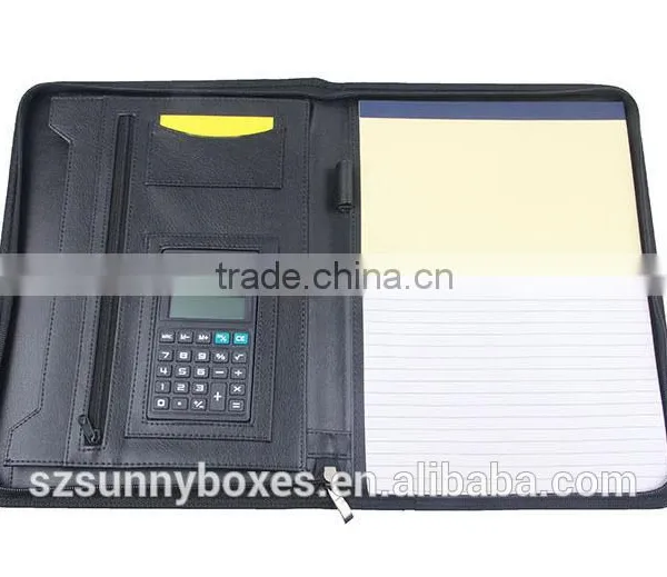 A4 Black PU/PVC Leather Zipper Notepad Portfolio With Calculator Quality Choice photo-4