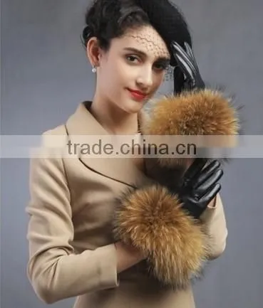 Women Girls Winter Plush Raccoon Fur Leather Mitten Gloves Warm Driving Gift photo-2
