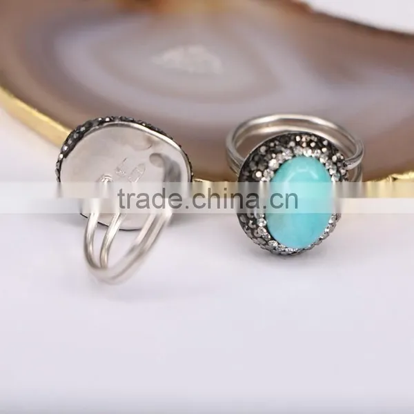 925 Sterling Silver Rings, With Natural Amazon Gemstone and Rhinestone Crystal Paved Adjustable Wide Rings, Gemstone Fashion Rin photo-2