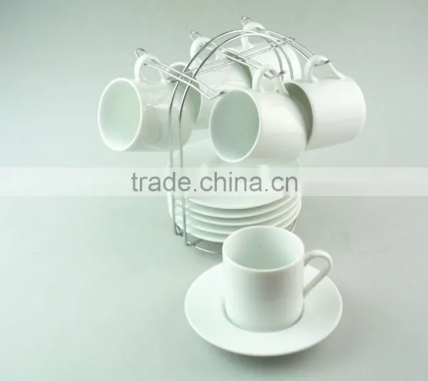 Bulk Stock High White 6pcs Ceramic Cup and 6pcs Saucer Rack With Metal Rack photo-2