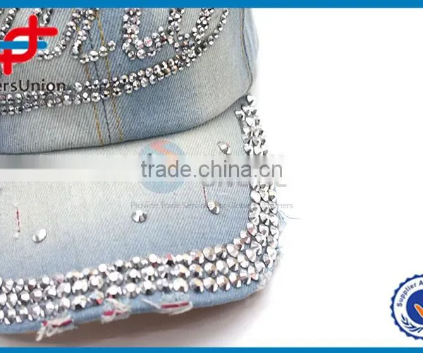 2017 New Product Best Seller Denim With Letter Applique Rhinestone Sport Cap photo-2