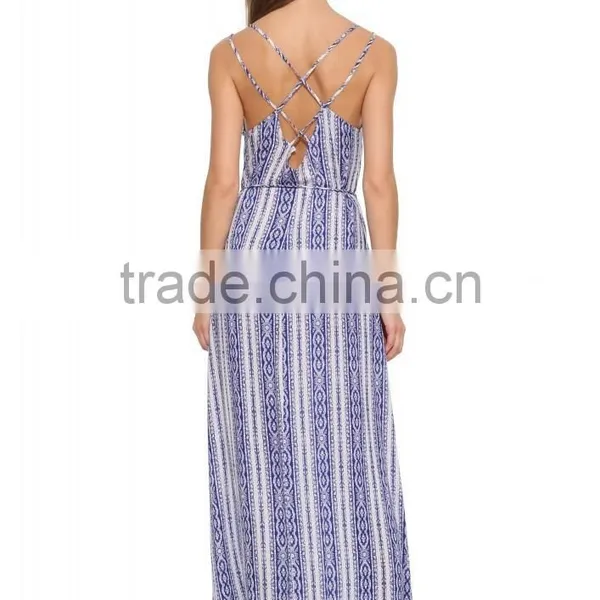 Women Elegant Spaghetti Straps Tie Waist Long Printed Flowy Chiffon Maxi Dress