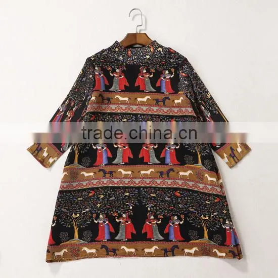 Women Drape Vintage Printed Retro Style Long Sleeve Dresses photo-5