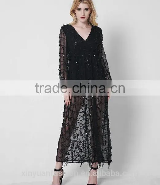 New Long Sleeves Deep V Sexy Dress Net Yarn Tassel Sequins Pictures of Long Skirts Ladies Formal Skirt and Blouse photo-4