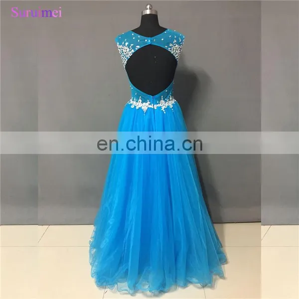 Brilliant Blue Gown High Illusion Neckline Keyhole Open Back Formal Long Prom Dresses Party Evening Dresses 2017 WH579 photo-2