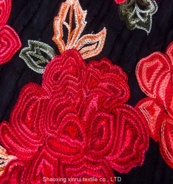 Chinese Red Rose Velvet Satin Embroidery Lace Fabric for Wedding Dress photo-4