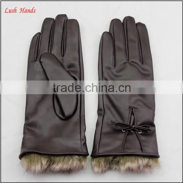 Ladies Brown pu Leather Hand Gloves With Fake Fur photo-2