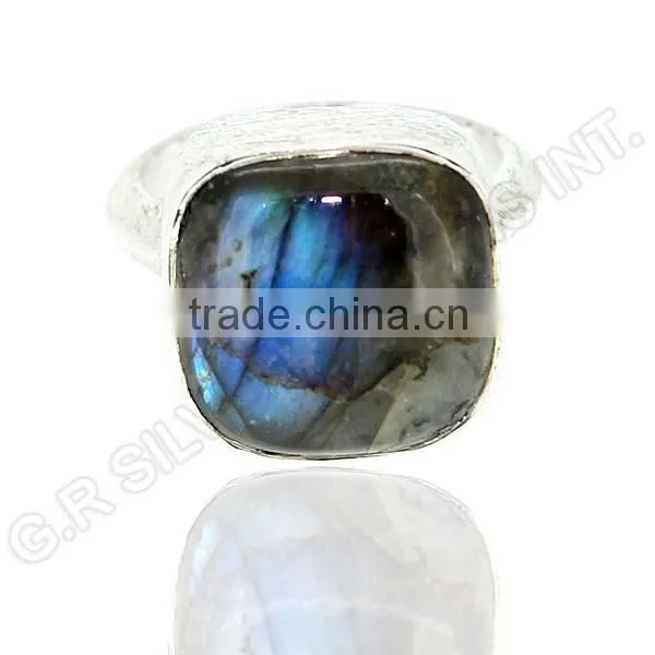 Natural Labradorite Cushion Cab Gemstone Ring,925 Sterling Silver Bezel Set Ring Jewelry