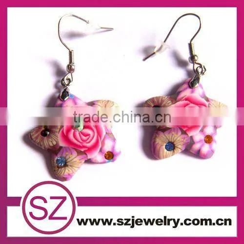 Star Polymer Clay Rose Drop Earring With Rhinestone and Flower Pattern photo-4