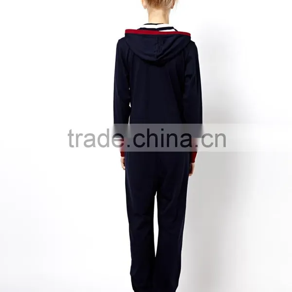 Ladies Petite Embroidered With Contrast Color Cuff Onesie Pajamas With Hood photo-2