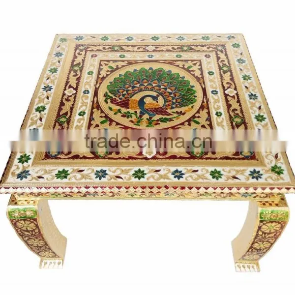 RAJWADI CHOWKI-BAJOT / SITTING STOOL - PEACOCK DESIGNED WOODEN HANDMADE 18"x18"x12" CHOWKI-G.M.