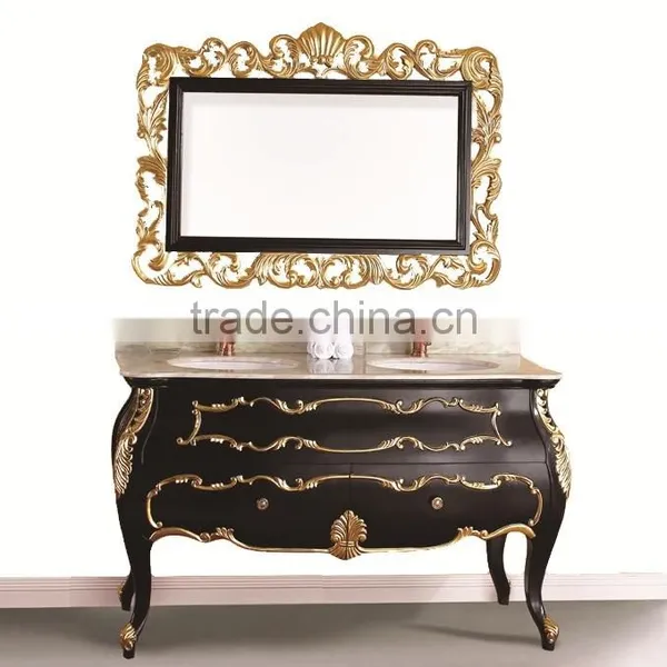 Luxury Imperial Handmade Solid Wood Golden Bathroom Cabinet With Double Sinks and Gilt Framed Mirror BF12-05194c photo-6