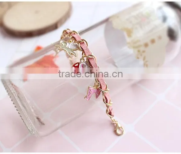 Enamel Magic Charms Bracelet Gold Chain and Suede Leather Handwoven Bracelet Lovely Charms Bracelet photo-3
