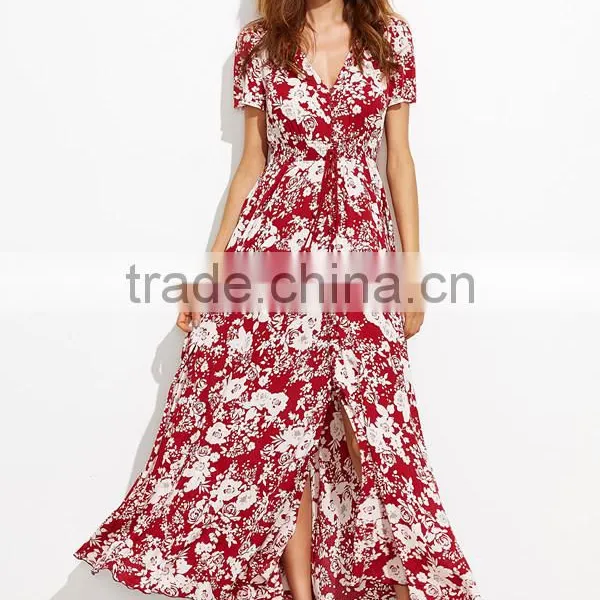 Woman Fashion Short Sleeve Floral Print Button Down Long Maxi Dress photo-2