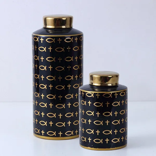 European Simple Style Straight Black Symbol Painting Hexagonal Cylinder Ceramic Vases With Golden Lid For Dining Room photo-3