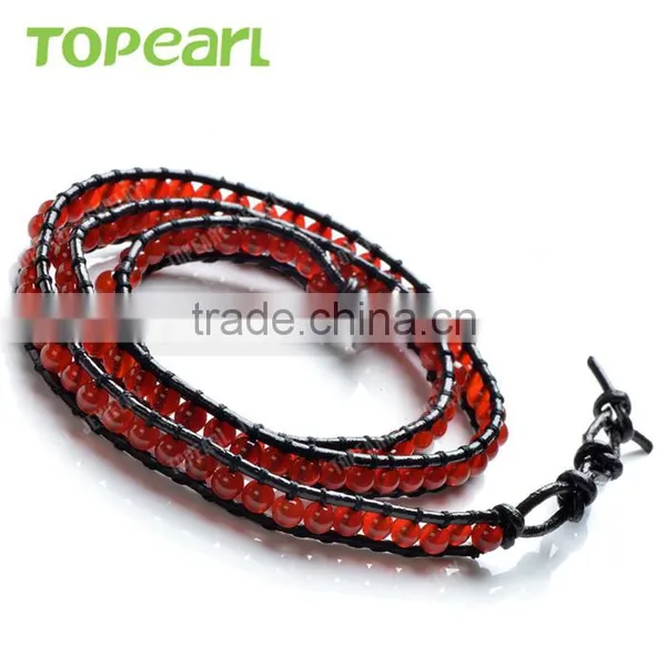 Topearl Jewelry Red Agate Bracelet Woven Leather Wrap Jewelry Bracelet CLL169 photo-3