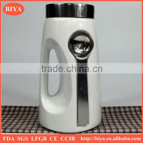 Porcelain Seal Pot Mini Milk Jar With Iron Spoon Small Size Milk Pot With Stainless Steel Lid Jar