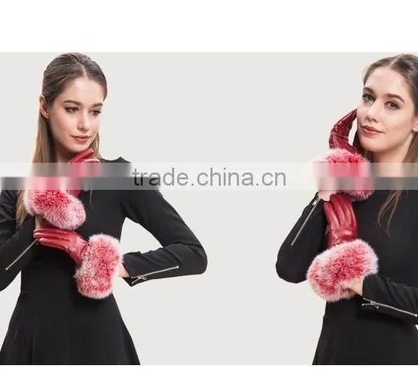 Hot Pink Lamb Leather Gloves With Fluffy Fox Fur Trim Fashion Leather Wrist Gloves photo-2