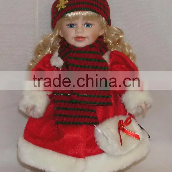 Christmas Animated Ceramic Porcelain Doll Blonde Hair Red Velvet Dress 12" photo-3