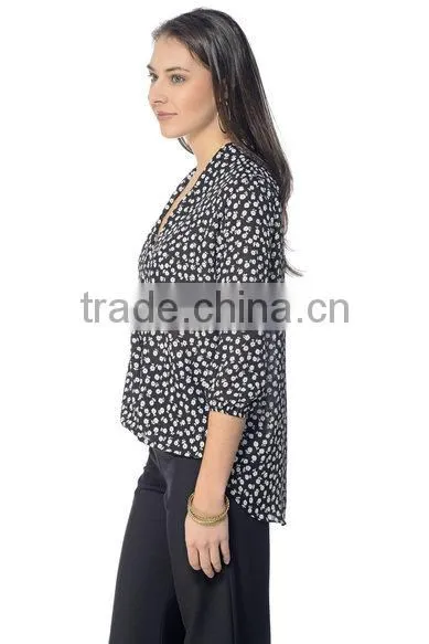 Womens Long Sleeve Chiffon Floral Printed Blouses Top Quality Ladies Latest Blouse Design Pictures photo-4