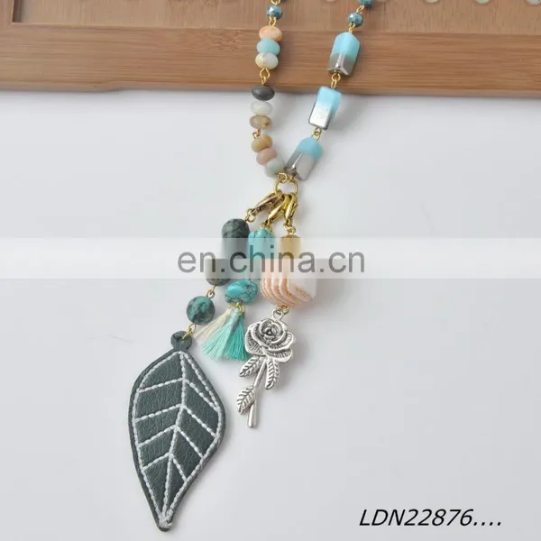 Bohemian Long Amazonite Beaded Leather Necklace With Turquoise and Leather Leaves Pendant photo-4