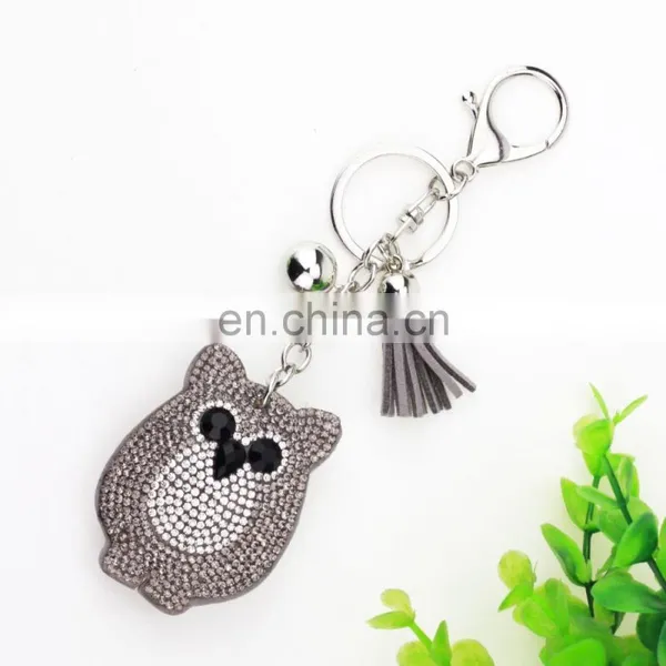Rhinestone Owl Tassel Leather Keychain photo-2