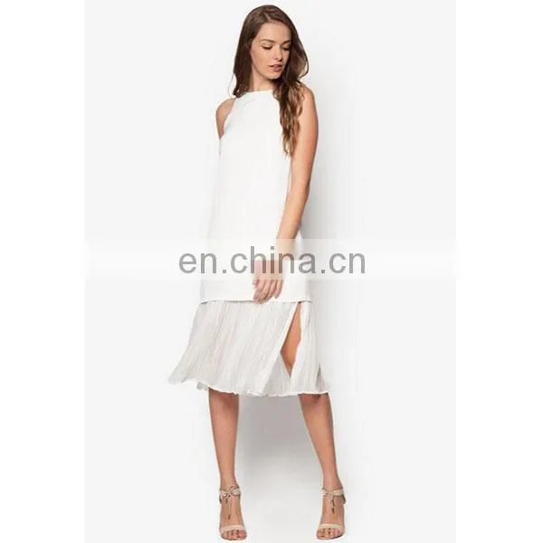 Fashion Ladies Clothes Latest Design Pleat Hem Sleeveless White Women Dress photo-2
