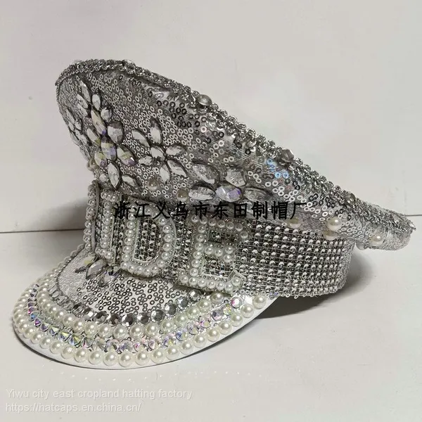 Captain Silver Sequins Shape Hat, Decorated With Diamonds and Jewelry, the Front BRIDE Pearl Text photo-4