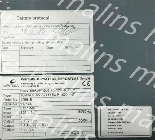 Wartsila / Jovyatlas Jovytec p 1000-nt 8 Minutes Uninterruptible Power Supply