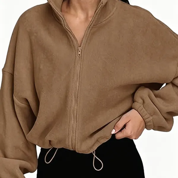 Women's 100% Polyester Stand Collar Cropped Polar Fleece Full Zip Jacket photo-3