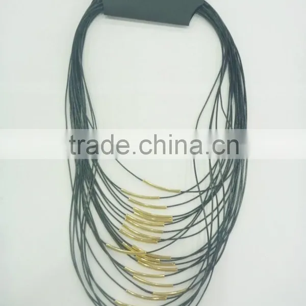 FACHION MULTI ROW WAX CORD NECKLACE WITH METAL TUBES MAGNET CLOSURE photo-4