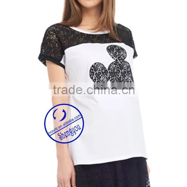Custom 100% Cotton Jersey Printed Short Sleeve Maternity Lace t Shirt photo-3